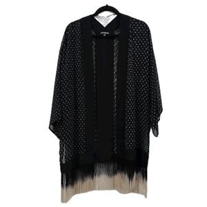 Express Womens Boho Kimono Top One Size Cardigan Polka Dot Fringe Hem Open